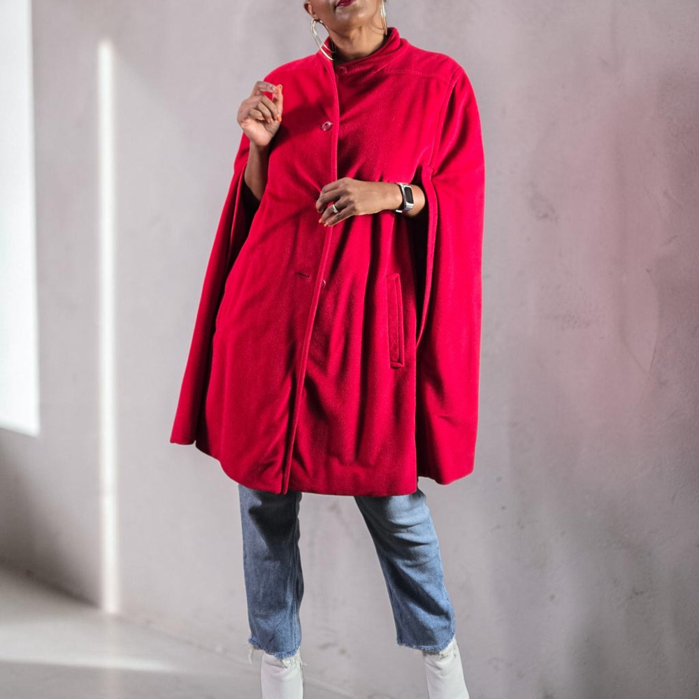 Vintage Sherwood Cape Red Bright Lipstick Flannel USA Arm Slit Pockets XL Large